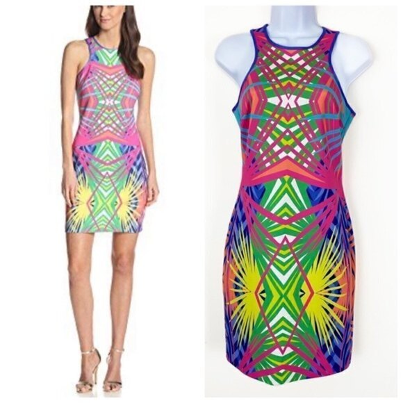 ALICE & TRIXIE Claire Techno Palm Print Scuba Dress Size XS tropical Cocktail - Picture 1 of 8
